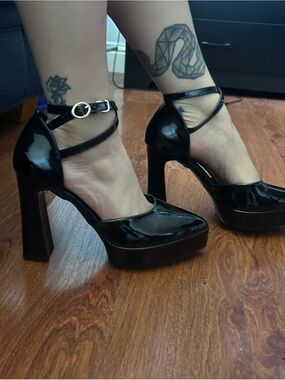 Black Patent Platform Ankle-Strap Heels